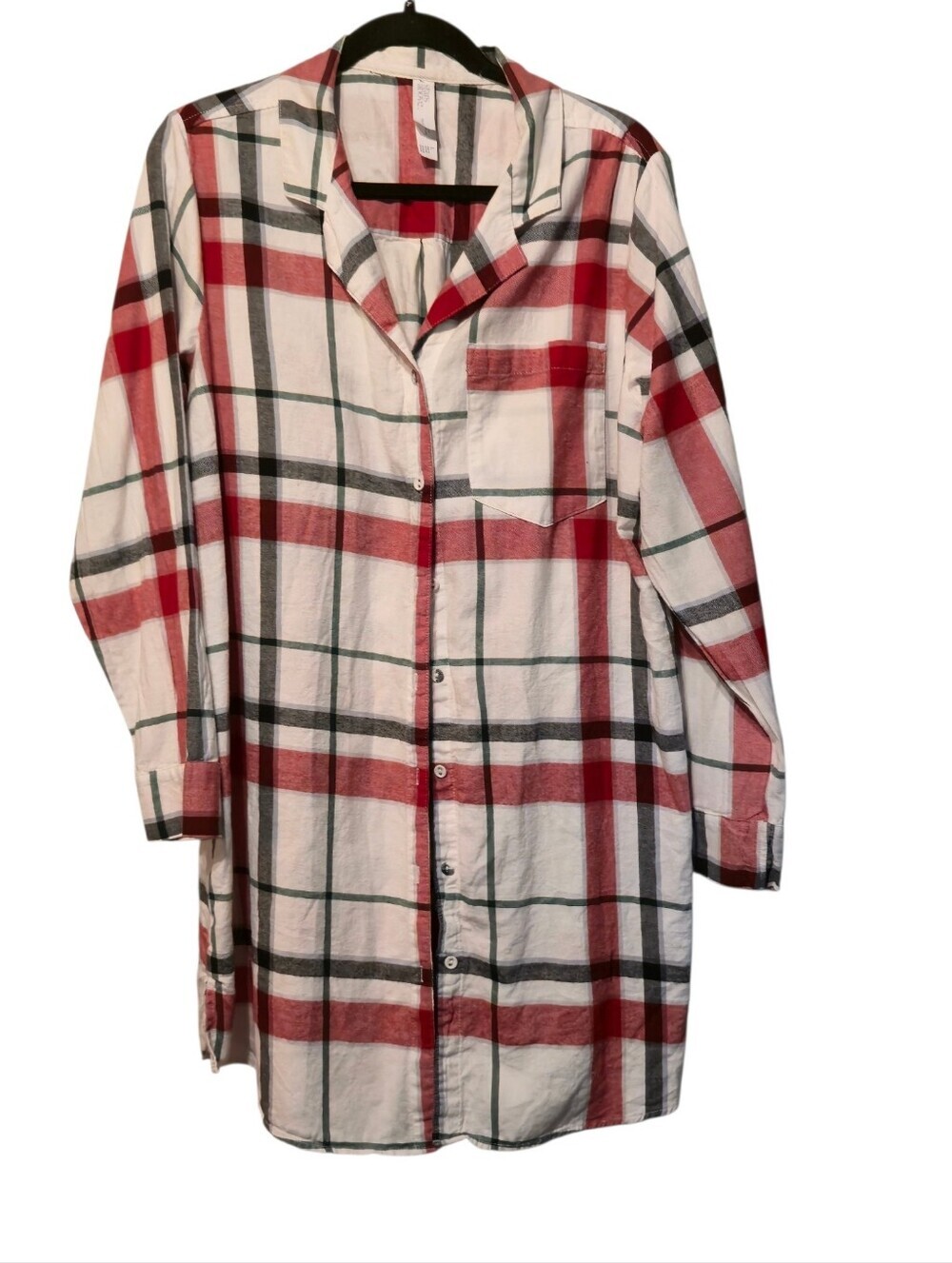 Plaid Red and Cream Long Button-Front Sleep Shirt Size Large